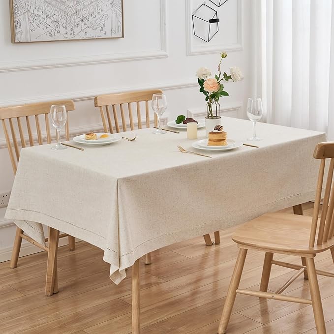 Zdolmy Natural Flax Linen Tablecloth – Undyed Rectangle Hemstitch Table Cover for Kitchen, Dining & Decoration (Neutral, 55" x 70")
