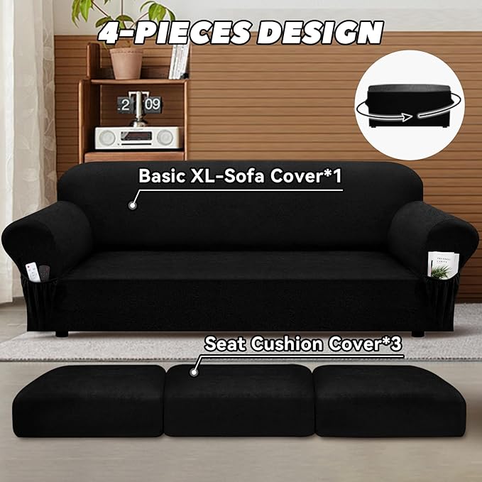 Sofa Slipcover with Armrest Pockets 4-Piece Set, Stretch Faux Leather Extra Large Couch Covers for 3-Cushion Couches(Fits 98-112") - Machine Washable, Pet & Kid Friendly - Black