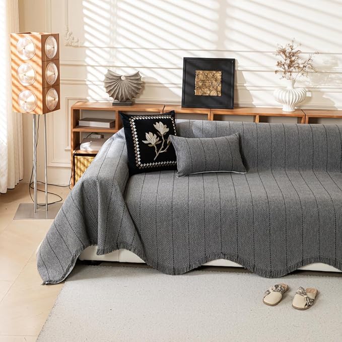 ROOMLIFE Gray Couch Cover Boho Sofa Covers for 3 Cushion Couch Washable, Furniture Protector Sofa Couch Cover for Dogs, Soft Chenille Sofa Slipcover, Couch Throw Blankets with Tassels 71 '' X 118''