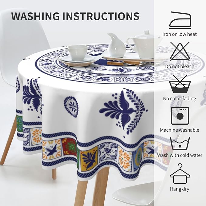 Mexican Round Tablecloth, Floral Bird Talavera Ceramic Tile Dia De Los Muertos Azulejo Mosaic Water Resisitant Table Cover for Dining Kitchen Living Room Home Party Holiday Decor 36 inch Round