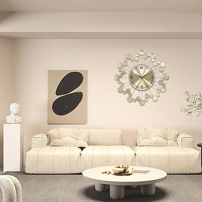 Silver 23" Wall Clock Decor Silent Battery Operated, Modern Metal Decorative Clock for Living Room Bedroom Office