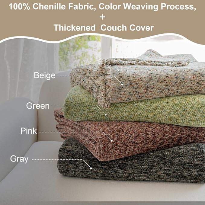 ROOMLIFE Boho Beige Couch Cover for Dogs, Washable Non Slip Furniture Protector Couch Sofa Covers for 3 Cushion Couch, Soft Chenille Couch Cover Throw Blanket with Tassels 71''X150''