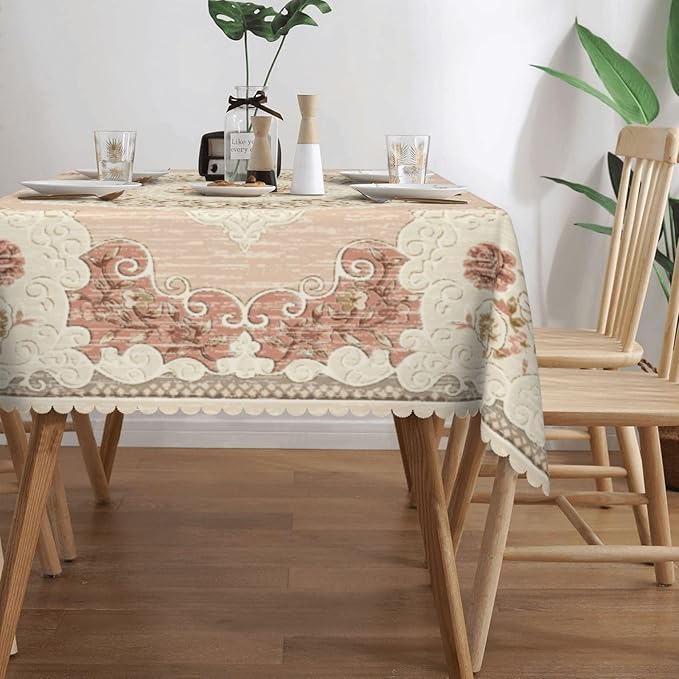 Boho Floral Pink Tablecloth for Dining Tables, Reusable Vintage Country Flowers Leaves Table Cloth Decor Retro Floral Rectangle Table Cover for Home,Kitchen,Holiday,Party, 54x72 Inch
