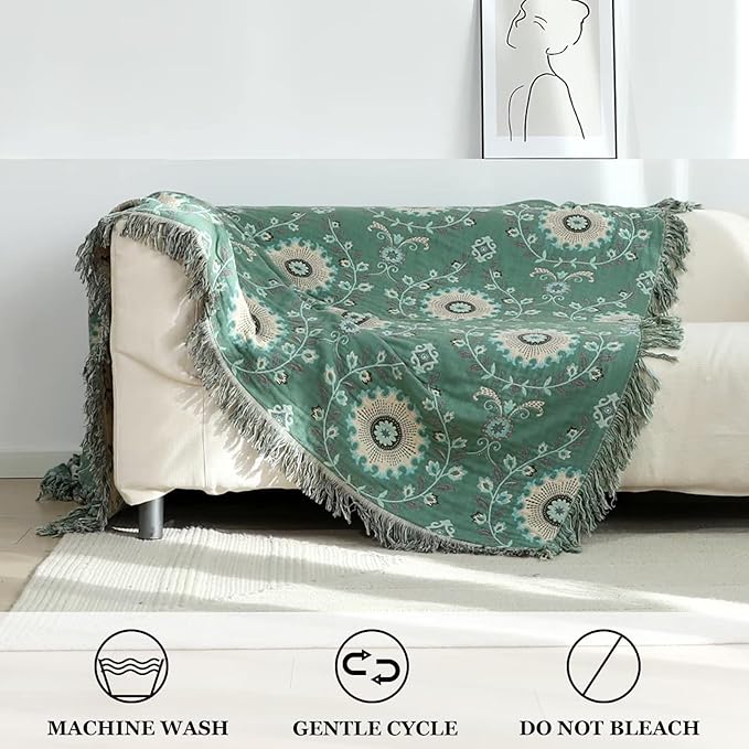 Boho Throw Blanket for Bed 100% Cotton Ultra Soft Rustic Quilt Fall Blanket Floral Printed Farmhouse Decor Bed Blankets,80"×90" All Season Rustic Throw for Sofa Couch Chair