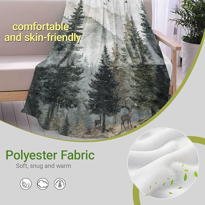Forest Flannel Throw Blanket, 50"x60", Pine Tree and Deer, Soft Warm Lightweight Blankets, Machine Washable, Nature Lovers Gifts, Outdoor Indoor Travel Hiking Nap Throw, Home Decorate
