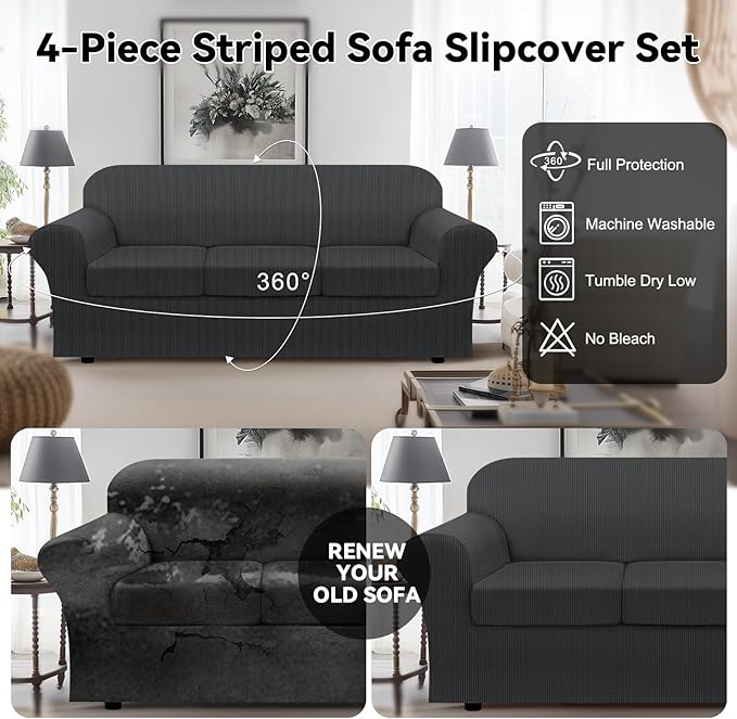 100% Waterproof Couch Cover 4-Piece Set Striped Sofa Slipcovers for 3 Cushion Couch Sofa Covers with TPU Leakproof Bottom Stretch Couch Protector Pet Proof - Sofa(3-Cushion), Dark Gray
