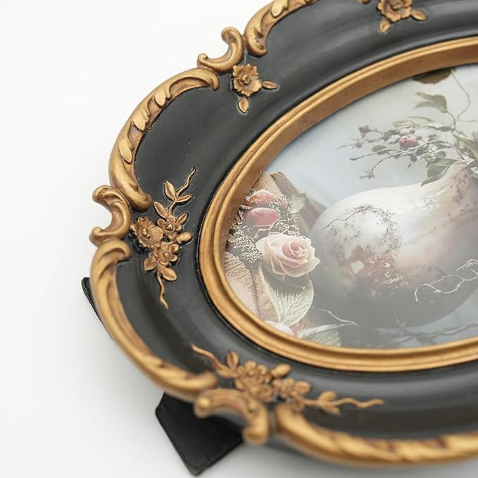Oval Vintage Picture Frame 4x6 - Ornate Black Gold Photo Frame 4 By 6, Antique Photo Frames 4x6in, Rustic 4x6 Small Frames Retro Decorative Wall Hanging For Home Decor