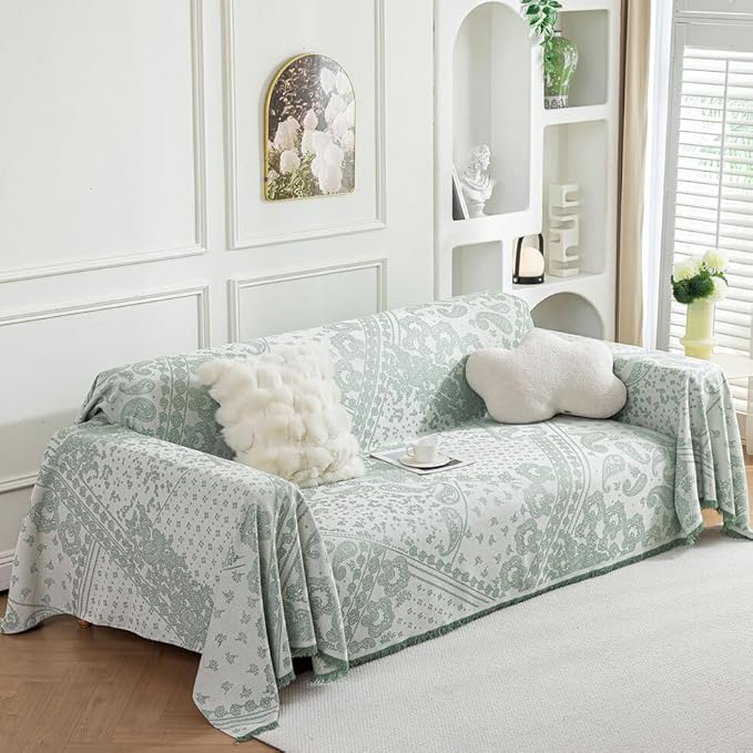 ROOMLIFE Green Sofa Cover, Vintage Boho Couch Cover for 3 Cushion Sofa, Soft Breathable Sofa Cover for Dog, Washable Furniture Sofa Protector Cover Blanket with Tassel for Living Room, 71 '' X 150''