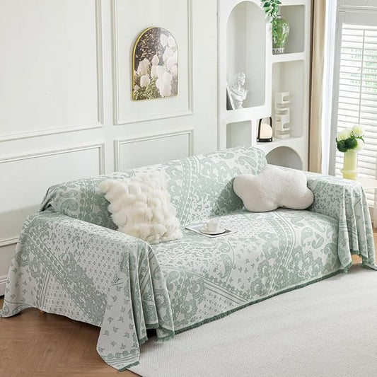 ROOMLIFE Green Sofa Cover, Vintage Boho Couch Cover for 3 Cushion Sofa, Soft Breathable Sofa Cover for Dog, Washable Furniture Sofa Protector Cover Blanket with Tassel for Living Room, 71 '' X 150''