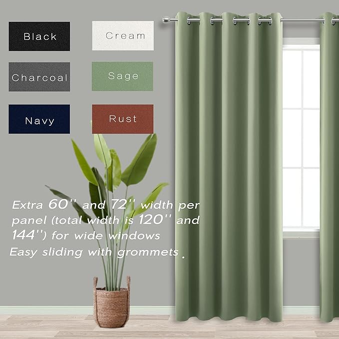 KOUFALL Sage Green Blackout Curtains 72 inches Wide for Bedrdom,Room Darkening Boho Large Window Treatments Extra Wide Curtains for Living Room 70 72x84 in Long 2 Panels Set