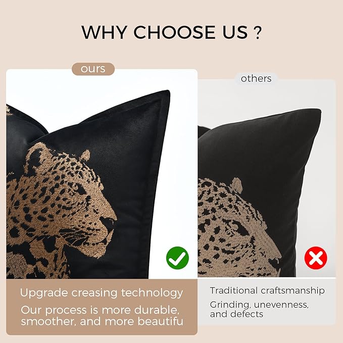 Decorative Lumbar Throw Pillow Cover 12x20'', Velvet Gold Cheetah Embroidered Throw Pillows, Modern Accent Pillow Cover for Bed Couch Sofa Bedroom Living Room