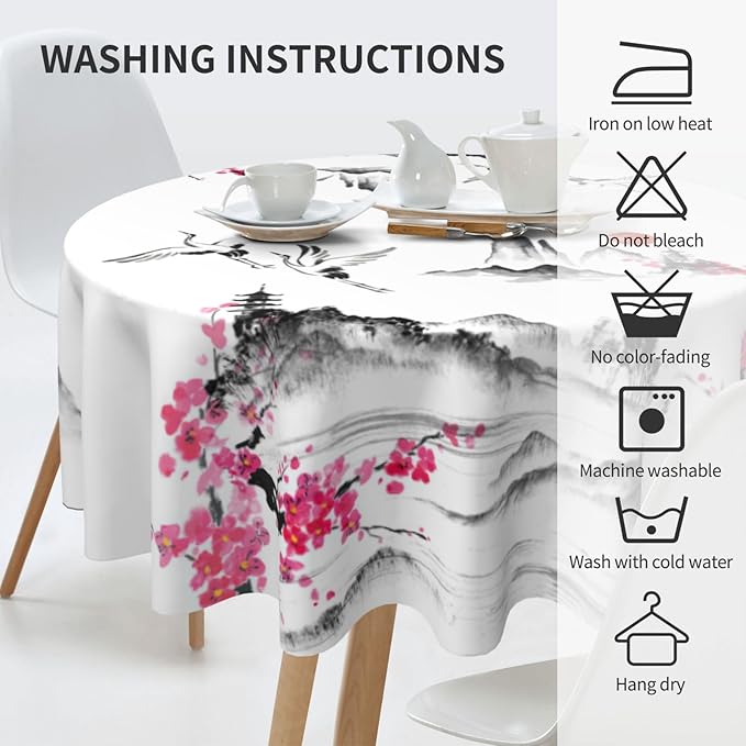 Japanese Tablecloth, Traditional Vintage Landscape Oriental Crane Temple Chinoiserie Water Resisitant Wipeable Table Cover for Dining Kitchen Living Room Home Party Holiday Decor 60 inch Round