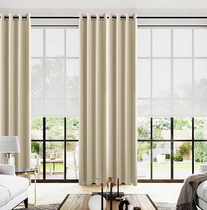 KOUFALL Beige Blackout Curtains 2 Panels,Black Out Room Darkening Grommet Bobo Eclectic Curtains for Living Room with Rings,52x102 Inches Long