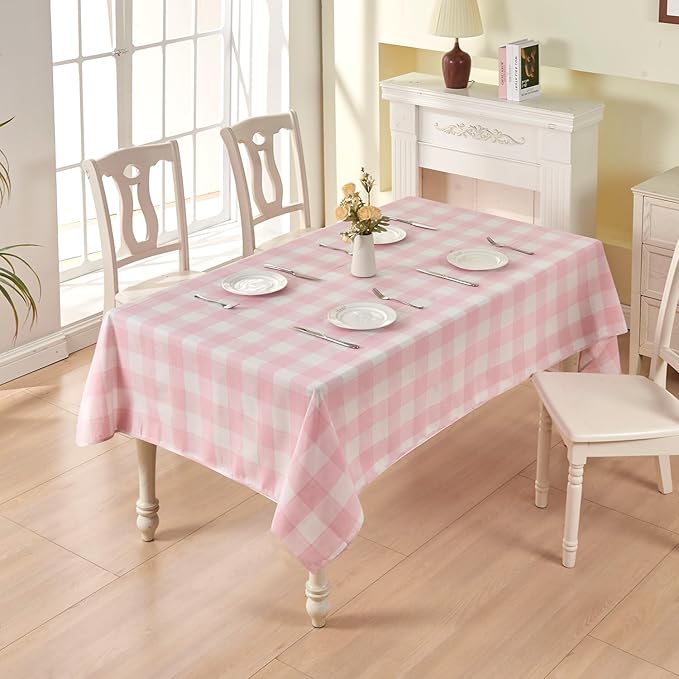 BALCONY & FALCON Rectangle Gingham Table Cloth – Water-Resistant Cotton Blend, Spill-Proof & Washable Checkered Tablecloth for Kitchen, Dining, Picnic, Party (Pink White, 55x95 Inch)