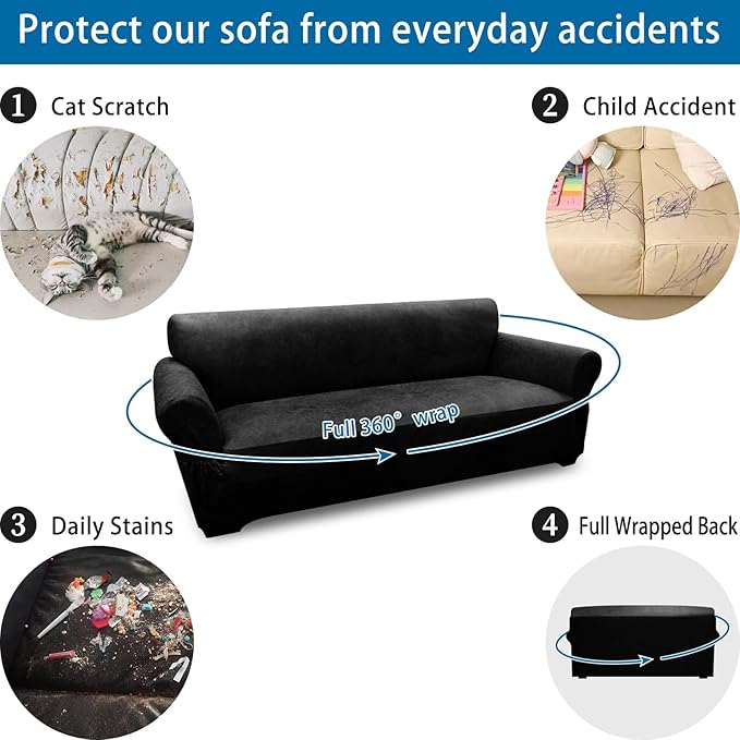 Oversized Sofa Slipcover Leather Look Couch Cover for 4 Seater Sofa 1-Piece Sofa Cover Stretch Furniture Protector with Elastic Bottom & Pockets(XL Sofa, Black)