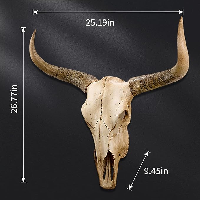 rzoizwko Cow Skull Wall Decor, Faux Longhorn Skull Wall Hanging, Bull Head Wall Sculpture, Rustic Western Farmhouse Faux Taxidermy Animal Head, Large 27"x25" Resin Steer Decoration
