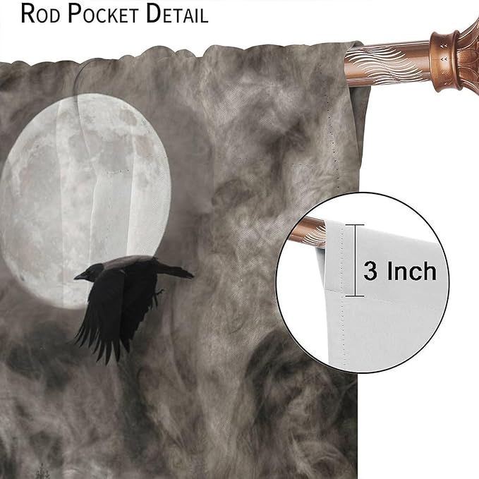 Gothic Crow Blackout Window Curtains, Gothic Style Dark Sky Full Moon Raven Halloween Pattern Window Drapes, for Home Bedroom Living Room 42(W)*84(L) 2 Panels