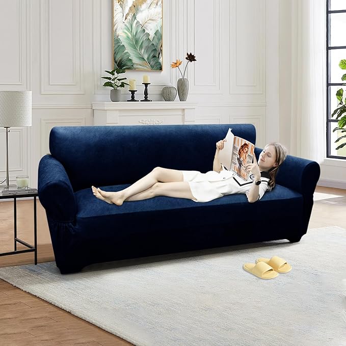 Loveseat Sofa Slipcover Leather Look Couch Covers for 2 Seater Couch Sofa 1-Piece Sofa Cover Stretch Furniture Protector with Elastic Bottom & Pockets(Loveseat, Navy)