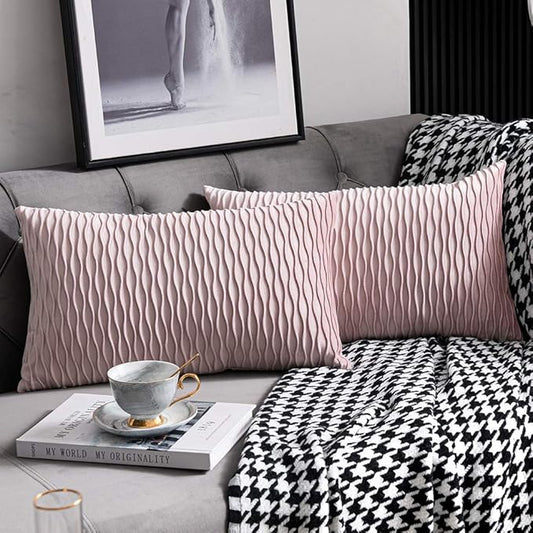 12x20 Pink Throw Pillow Covers: 2 Pack Original Striped Velvet Rectangular Decorative Pillow Cases for Farmhouse Couch