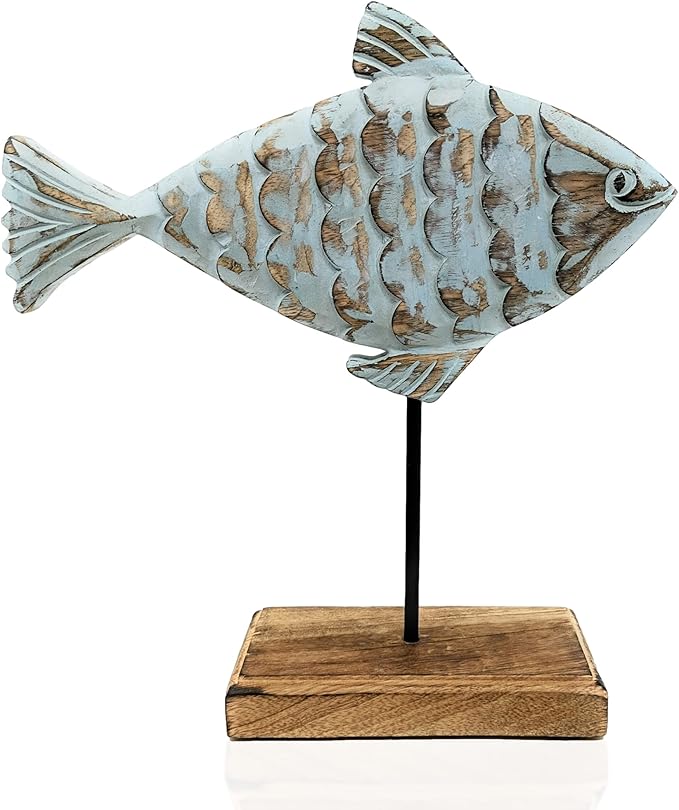 Wooden Fish Sculpture Home Decor | Handmade Surgeon Fish Statue on Stand | Sea Nautical Beach House Decor Art Piece | Rustic Centerpiece Table Decor for Office, Living Room (Surgeon Fish)