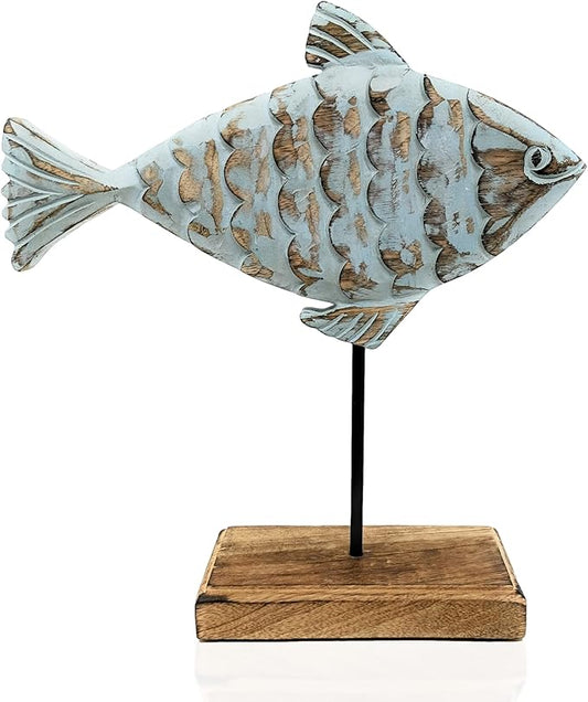 Wooden Fish Sculpture Home Decor | Handmade Surgeon Fish Statue on Stand | Sea Nautical Beach House Decor Art Piece | Rustic Centerpiece Table Decor for Office, Living Room (Surgeon Fish)