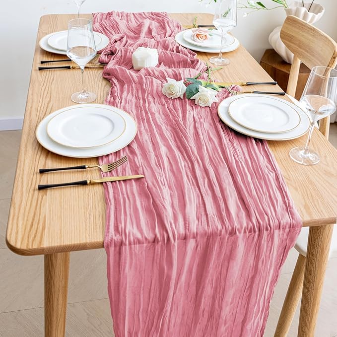 Wokceer Cheesecloth Table Runner 2Pack 10FT Dusty Rose Boho Gauze Cheese Cloth Table Runner for Party Long Rustic Sheer Table Runners for Baby Bridal Shower Wedding Easter Table Decor