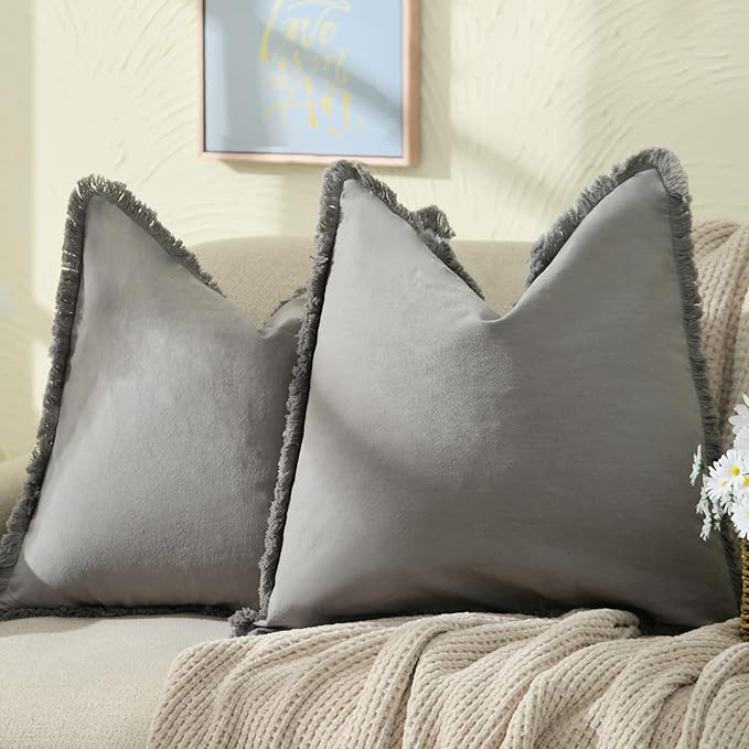 ZWJD Pillow Covers 22x22 Set of 2 Gray Throw Pillow Covers with Fringe Chic Cotton Decorative Pillows Square Cushion Covers for Sofa Couch Bed Living Room Farmhouse Boho Decor