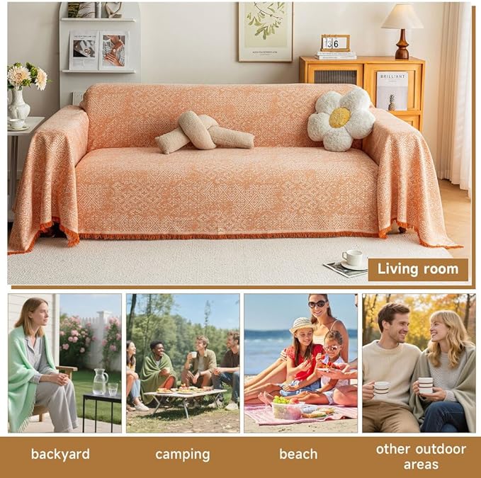 ROOMLIFE Orange Couch Cover Boho Sofa Covers for 3 Cushion Couch Washable, Furniture Protector Sofa Couch Cover for Dogs, Soft Breathable Sofa Slipcover, Couch Throw Blankets with Tassels 71''X150''
