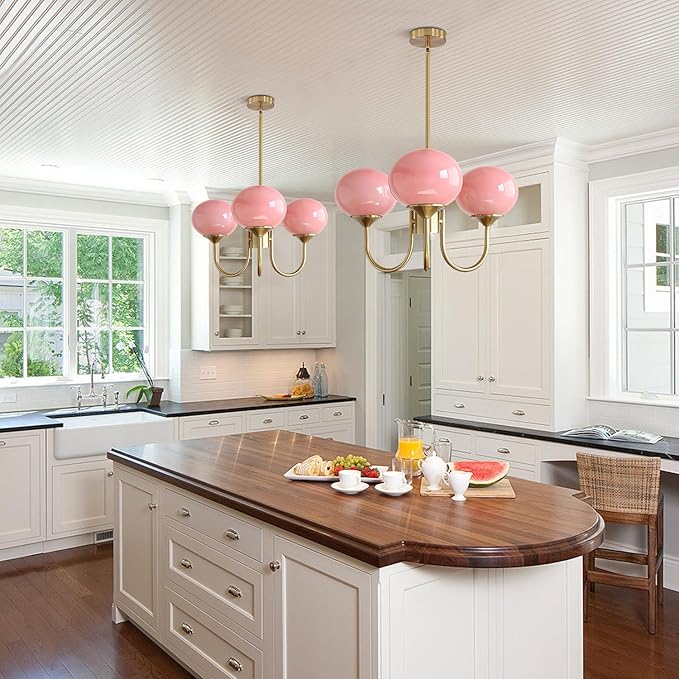 BOKT Modern Pink Sputnik Chandelier Brushed Gold Globe Sputnik Light Fixture 3 Light Mid Century Glass Pendant Lights Height Adjustable Vintage Large Ball Chandeliers Light
