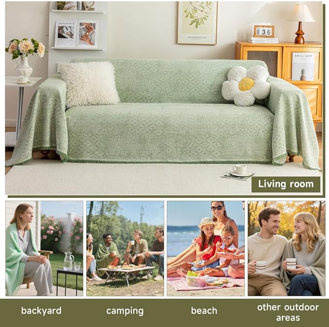 ROOMLIFE Green Sofa Cover, Vintage Boho Couch Cover for 3 Cushion Sofa, Soft Breathable Sofa Cover for Dog, Washable Furniture Sofa Protector Cover Blanket with Tassel for Living Room, 71 '' X 118''