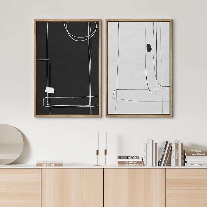 SIGNWIN Framed Canvas Print Wall Art Set Grunge Mid-Century Geometric Lines Abstract Shapes Illustrations Modern Art Minimal Boho Relax/Calm for Living Room, Bedroom, Office - 16"x24"x2 Natural