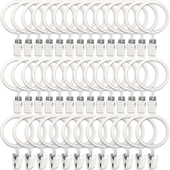 40 Pack Metal Curtain Rings with Clips, Curtain Clip Rings Hooks for Hanging Drapery Drapes Bows, Curtain Rod Rings 1.5 inch Interior Diameter, White