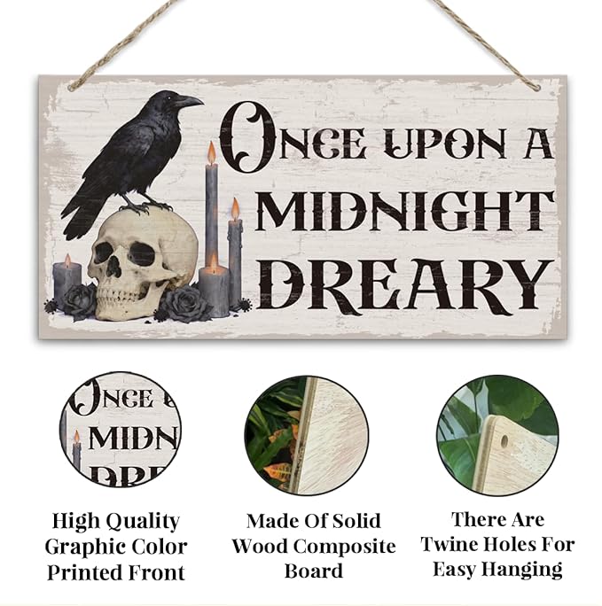 Gothic Wooden Hanging Decor Sign, Once Upon A Midnight Dreary, Skull and Raven Pattern Wooden Sign, Gothic Gift For Friend, Hanging Decor for Home Wall 7x14 Inches
