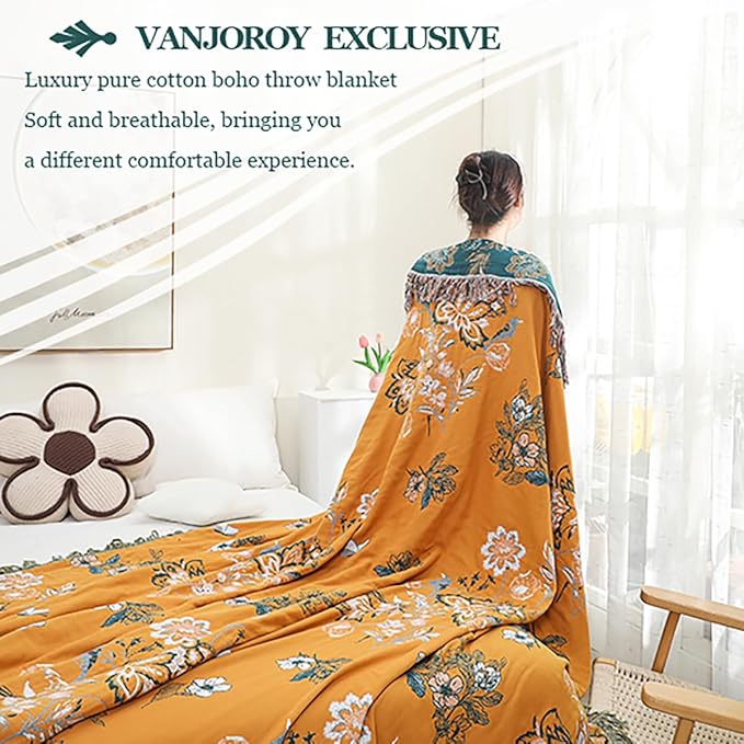 Boho Large Throw Blanket, 100% Organic Cotton Breathable Soft Bed Throw - Floral Bird Farmhouse Decor Blanket for Sofa Couch Chair Quilt and Gift. (Flower-Art, 91" x 98")