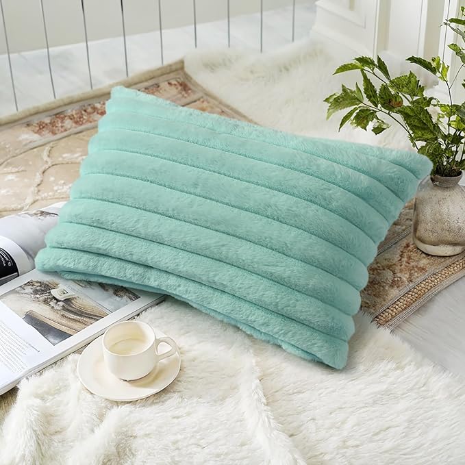 decorUhome Faux Fur Christmas Throw Pillow Covers 12x20 Set of 2, Decorative Soft Plush Striped Lumbar Neutral Couch Euro Pillow Covers with Velvet Back for Sofa, Bed, Living Room Home Decor, Aqua
