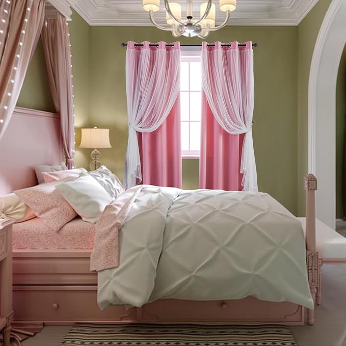Anytime Home Curtains Blackout and Sheer Layered Solid Window Curtain Panel Pair with Grommet Top, 52Wx84L,Pink