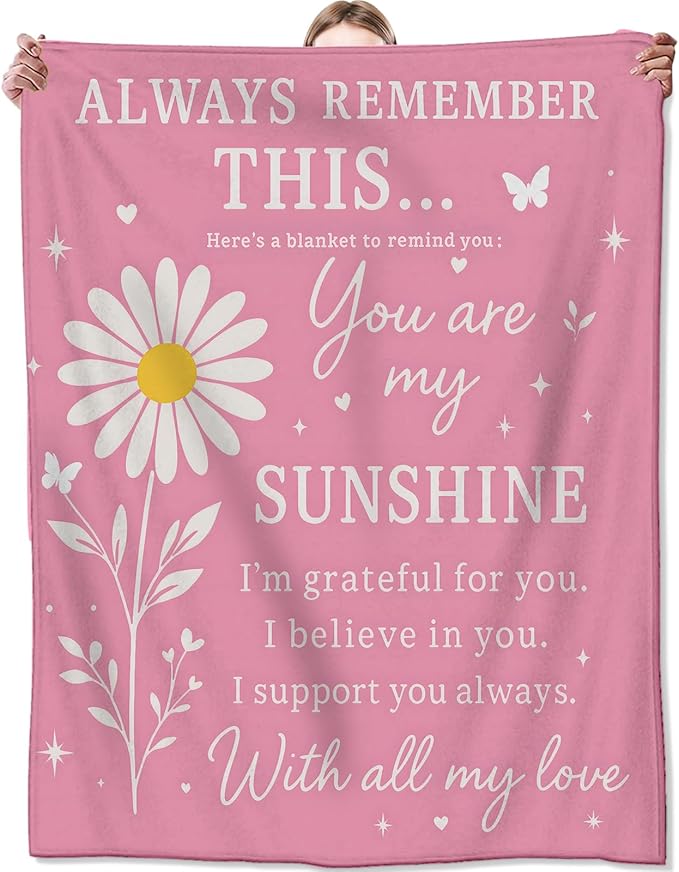 Daisy Flower Blanket,Inspirational Gifts for Girls Women,Soft Lightweight Flannel Throw Blankets,Floral and Sunshine Quote on Pink Throws Home Decor,for Camping Living Room Office,60x50inch