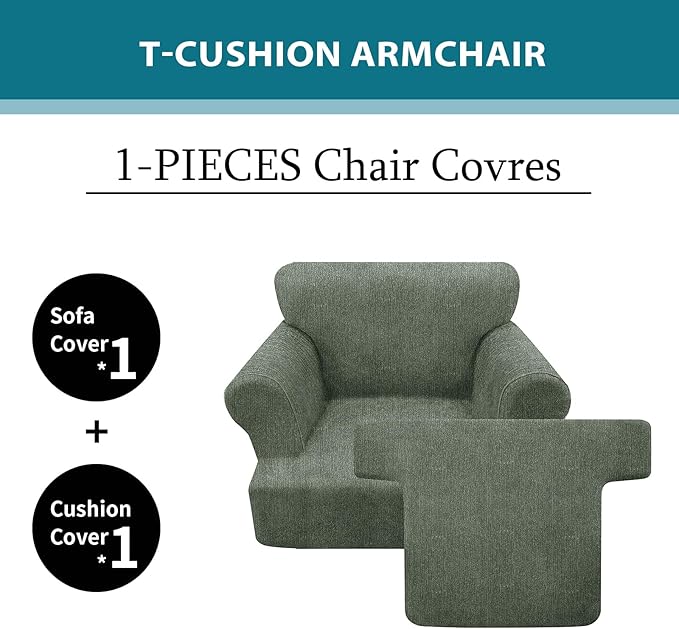 2 Pieces T Cushion Chair Covers with Arms Super Stretch Chair Slipcover for Living Room Pet Dog Universal Slip Cover Anti Slip Armchair Furniture Protector (Green, 1 Cushion)