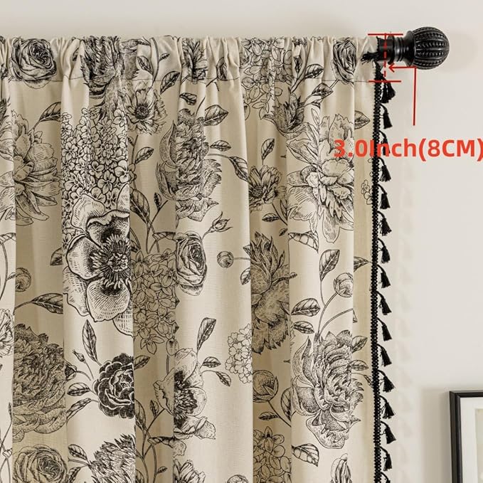 F-CHU Black Floral Farmhouse Curtains Living Room Drapes 84 Inch Length Cotton Linen Boho Window Curtain with Tassel Rod Pocket Bedroom Macrame Drapes Flower Curtains, 1 Panel