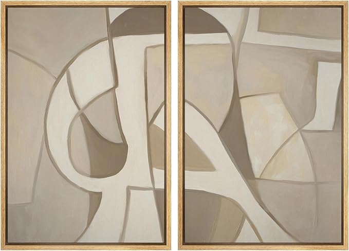 SIGNWIN Framed Canvas Print Wall Art Set Neutral Abstract Geometric Modern Minimalist Beige and Cream Illustrations Minimal Decorative Zen for Living Room, Bedroom, Office - 24"x36"x2 Natural