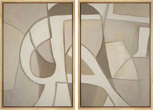 SIGNWIN Framed Canvas Print Wall Art Set Neutral Abstract Geometric Modern Minimalist Beige and Cream Illustrations Minimal Decorative Zen for Living Room, Bedroom, Office - 24"x36"x2 Natural