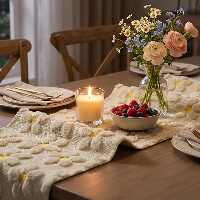 Artoid Mode Beige Soft Plush Faux Fur Jacquard Embroidery Daisy Spring Table Runner, Kitchen Dining Table Decoration for Home Party Decor 13x72 Inch