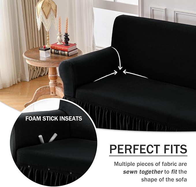NICEEC Armchair Cover Thick Plush 1-Piece Warm Black Armchair Slipcover Stretch Fluffy Couch Covers for Living Room Easy Fit Washable Soft Furniture Sofa Protector with Skirt