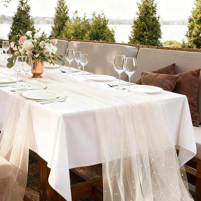 WELTRXE Beige Pearl Table Runner 10ft, Boho Rustic Tulle Lace Table Runner 30x120 Inch for Wedding Decor Birthday Party Dining Table Cover, Champagne
