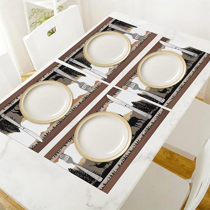 Bear Deer Placemat Set of 6, 12x18 Inch Retro Farmhosue Wildlife Aniamal Wooden Forest Tree Cabin Country Lodge Brown Coffee Table Mats for Outdoor Kitchen Dining Table Decoration