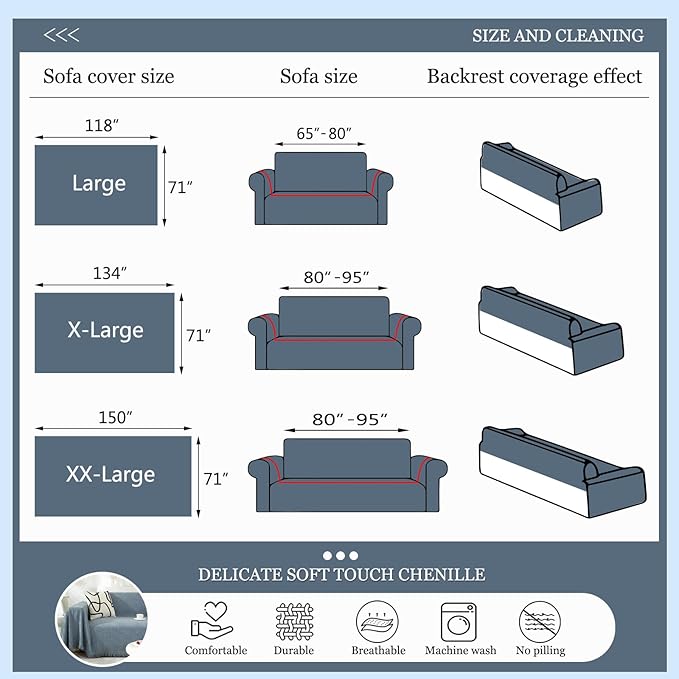 DREAMINGO Modern Minimalism Grayish Blue Couch Cover Sectional Sofa Covers for 3 Cushion Couch Washable Chenille Pet Couch Protector for Dogs Boho Herringbone Sofa Furniture Slipcover, 71"x150"