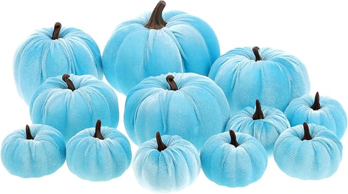 Artificial Velvet Pumpkins Fake 12Pcs Assorted Halloween Thanksgiving Handmade Autumn Centerpiece Decorating for Kitchen Table Wedding Blue