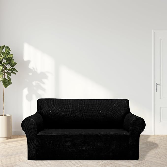 Cupuamon 2025 New Stretch Loveseat Sofa Slipcovers Couch Cover for 2 Cushion Furniture Protector Sofa Covers with Elastic Bottom Jacquard Fabric Small Checks for Pets, Kids - Black