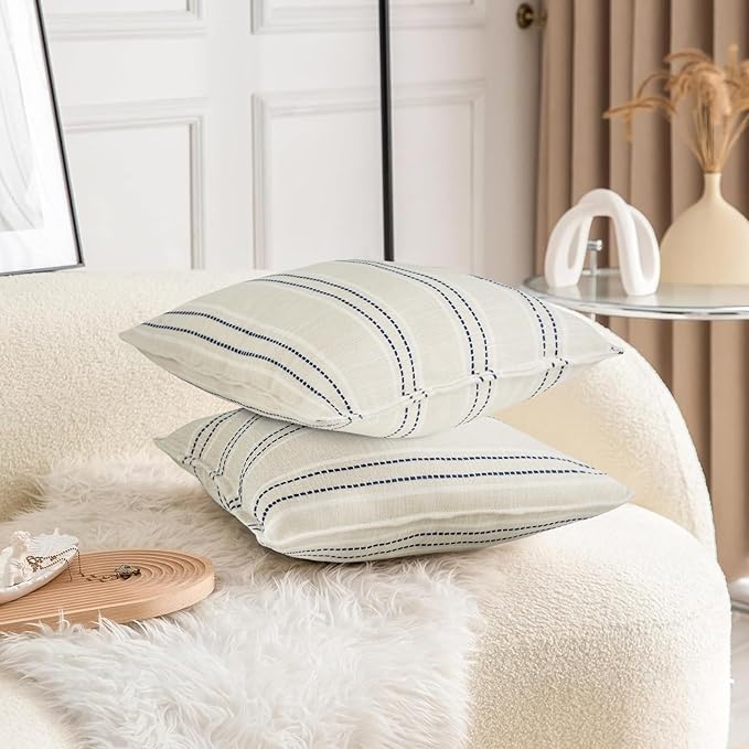 18X18 Decorative Farmhouse Linen Throw Pillow Covers, Boho Textured Pillow Case Set of 2 ,Beige with White & Blue Stitch Yarn Dyed Stripe Cushion Cover ,Modern Accent Square Pillowcase for Sofa Couch