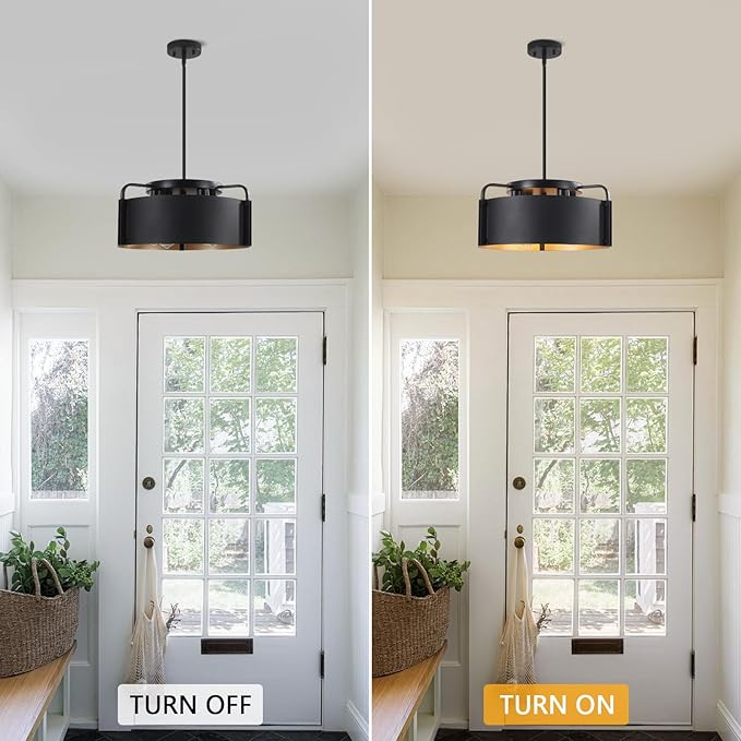 Chandelier, 4-Light Industrial Drum Chandeliers Matte Black Dining Room Light Fixture Flush Mount Pendant Light 18" for Foyer Entryway Kitchen Hallway Bedroom, E26 Base(Not Included Bulb)